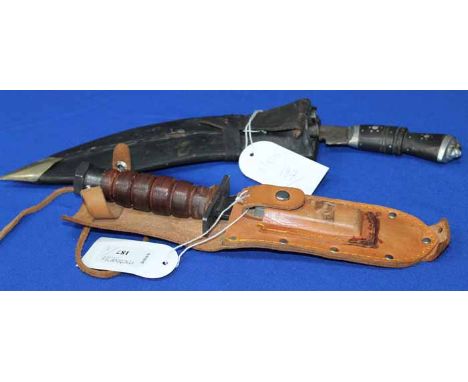 20TH CENTURY BURMESE KUKHRI 
with its leather scabbard, 32cm long; together with a hunting knife, with its leather scabbard (