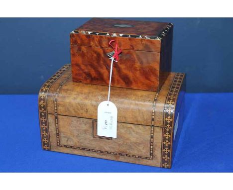 TWO INLAID BOXES
one a burr elm and mother of pearl tea caddy, the other a burr walnut and parquetry inlaid sewing box, large