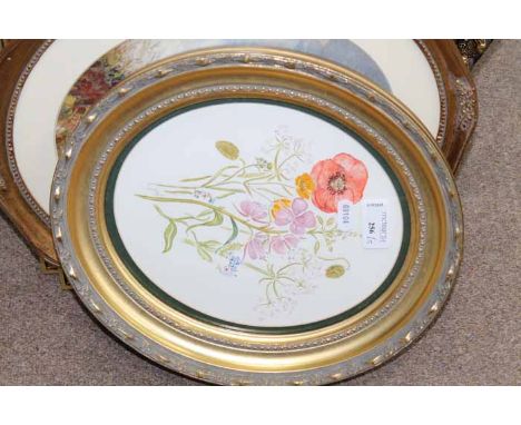 THREE CIRCULAR FRAMED PICTURES
including a watercolour by J Warburton, and two other prints (5)
