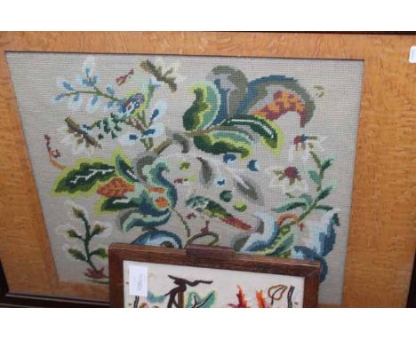 MID-20TH CENTURY WOOLWORK TAPESTRY FIRESCREEN 
together with another small wooden tray, also inset with an embroidered tapest