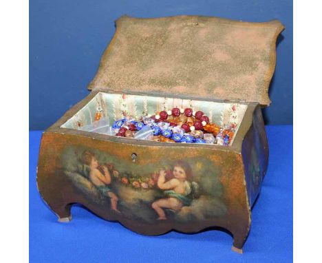 PAINTED ROCOCO STYLE WOODEN JEWELLERY BOX
containing a selection of beads, including 1930's glass beads, faux amber etc; toge