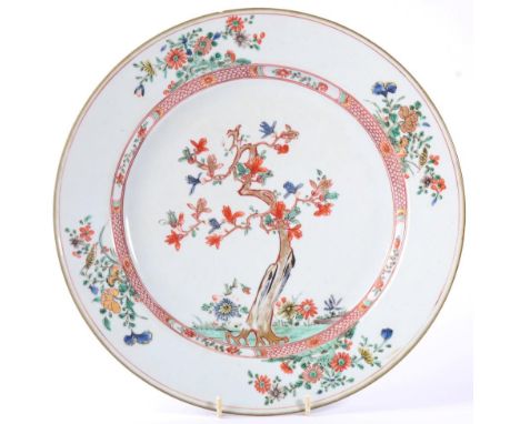 A Chinese Porcelain Circular Dish, Chenghua reign mark by Kangxi period, painted in famille verte enamels with a flowering tr