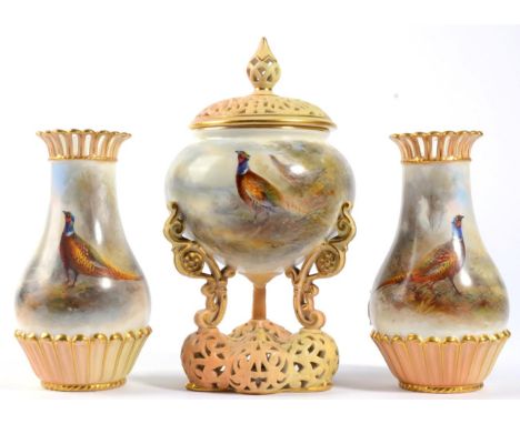 A Royal Worcester Porcelain Pot Pourri Vase and Cover, painted by James Stinton, 1907, of ovoid form with reticulated cover, 