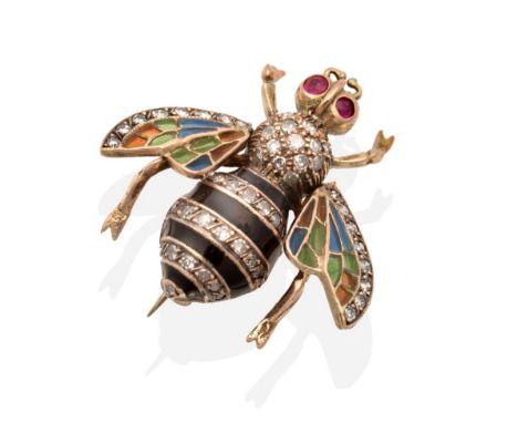A Plique a Jour Enamel, Ruby and Diamond Bee Brooch, realistically modelled with ruby set eyes, an eight-cut diamond and blac
