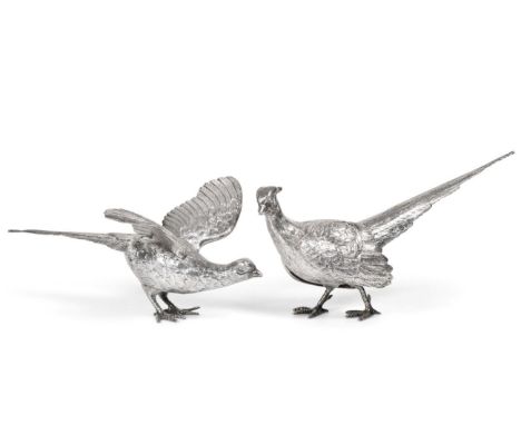 A Pair of Silver Table Models of Pheasants,  C J Vander, London 1986, modelled as a cock and a hen, the hen with outstretched