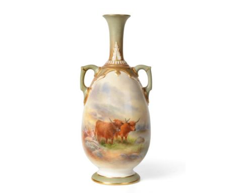 A Royal Worcester Porcelain Twin-Handled Pear Shaped Vase, painted by Harry Stinton, 1908, with cattle in a landscape, signed