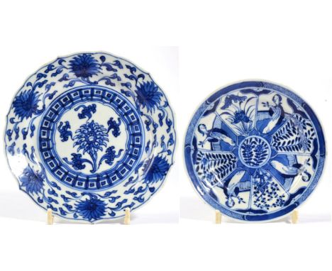 A Chinese Porcelain Dish, Kangxi, painted in underglaze blue with stylised lotus within a geometric border, the rim with furt