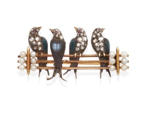 An Early 20th Century Onyx, Diamond and Pearl Novelty Bird Brooch, modelled as four swallows, with carved onyx wings, rose cu