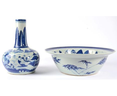 A Chinese Porcelain Guglet and Basin, circa 1800, painted in underglaze blue with river landscapes within formal leaf and dia