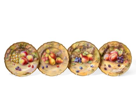 A Set of Four Royal Worcester Porcelain Cabinet Plates, painted by Lockyer and Shuck, 1924 and 1927, with fruit on a mossy gr