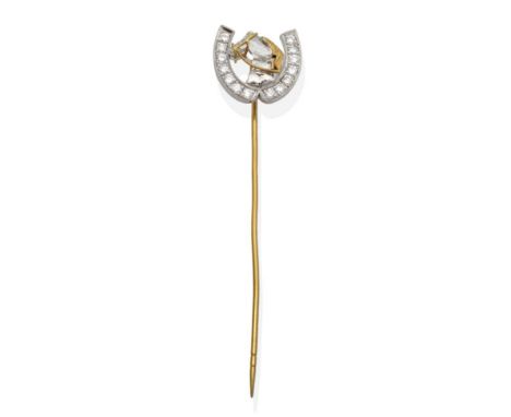 A Diamond Equestrian Stick Pin, a central diamond cut in the form of a horse head, above a tapered baguette cut diamond neck,