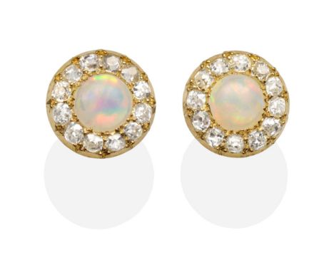 A Pair of Opal and Diamond Cluster Earrings, a round cabochon opal within a border of old cut diamonds, total estimated diamo