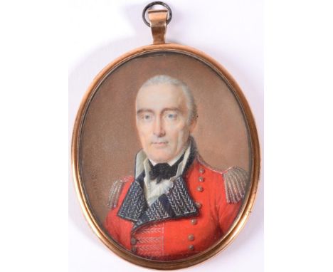 Barrois: A Miniature Bust Portrait of a Military Gentleman, wearing a red tunic with silver bullion epaulettes, oval, 7.5cm b