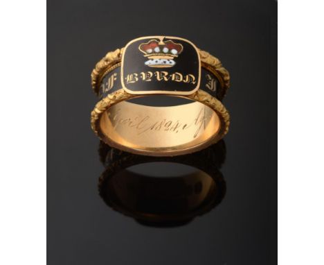 A Rare 18 Carat Gold Enamel Memorial Ring, for Lord Byron, a central plaque with an enamelled coronet surmounting the name 'B