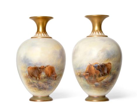 A Pair of Royal Worcester Porcelain Vases, painted by John Stinton, 1921, of ovoid form with trumpet neck, painted with Highl