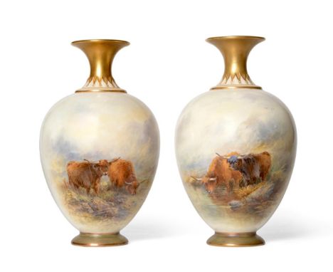 A Pair of Royal Worcester Porcelain Vases, painted by John Stinton, 1921, of ovoid form with trumpet neck, painted with Highl