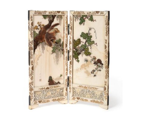 A Japanese Ivory and Shibayama Table Screen (Tsuitate), Meiji period, the two leaves inlaid with an eagle perched in a tree, 