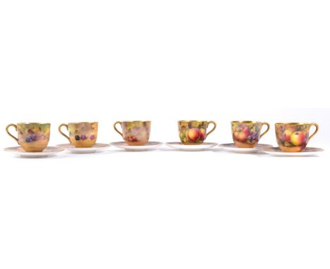 A Set of Six Royal Worcester Porcelain Cabinet Cups and Saucers, circa 1921/22, painted with still lives of fruit on a mossy 