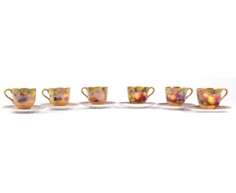 A Set of Six Royal Worcester Porcelain Cabinet Cups and Saucers, circa 1921/22, painted with still lives of fruit on a mossy 