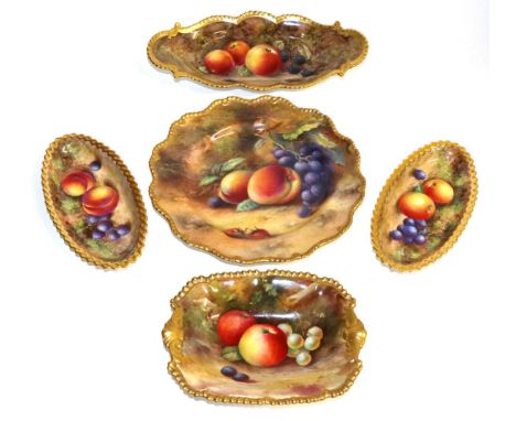 A Royal Worcester Porcelain Shaped Circular Plate, painted by Harry Stinton, 1930, with fruit on a mossy ground within a gadr