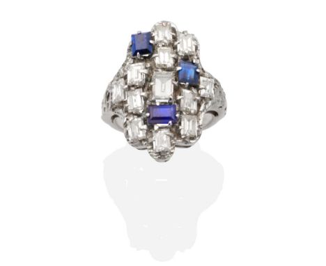 A 1970s Diamond and Sapphire Cluster Ring, an amorphous plaque set with three baugette cut sapphires and vari-sized baguette 