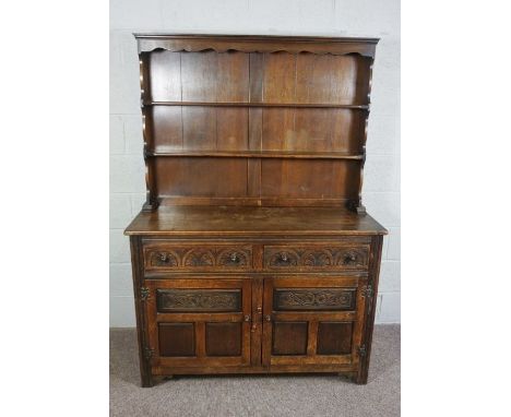 Vintage China Chest with Four Drawers and Side Cupboards, An Oak Dresser, In 17th Century Style,&nbsp;With Delft rack over tw