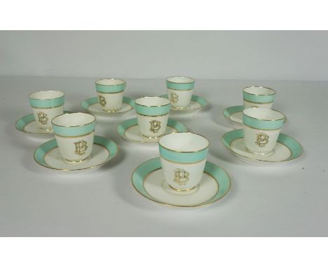 Set of Eight French Porcelain Coffee Cups and Saucers, Circa 1880, Gilt PB monogram within turquoise borders,&nbsp;and Eight 