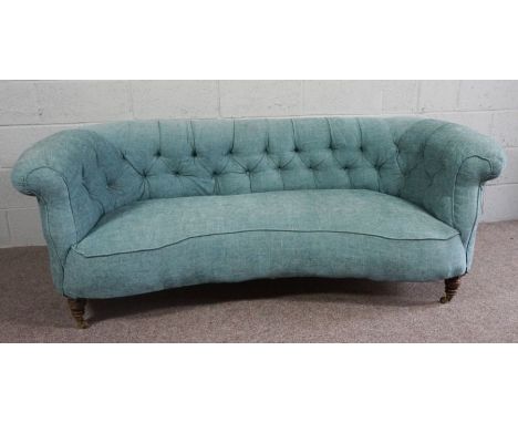 Vintage Chesterfield Sofa covered in Blue Fabric, upon castors