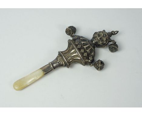 Edwardian Silver Babies Rattle, Birmingham 1907, By Benjamin Thomas Greening, Modelled as a Jester,With Mother of Pearl Handl