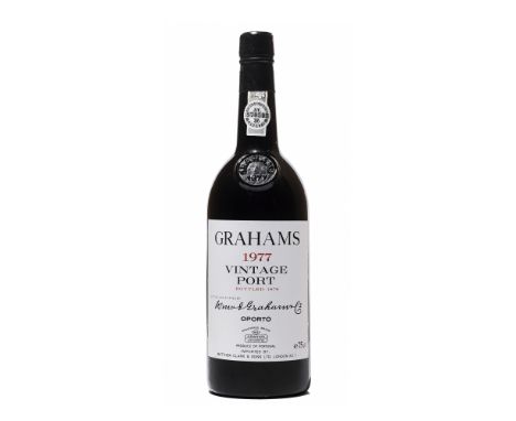 12 bottles Graham 1977 Douro In original wooden case, damaged lid. Good appearance. Levels: ten base of neck or better and tw