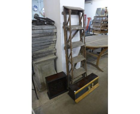 A set of pine stepladders, vintage Ferguson radio and an oak speaker 