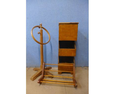 A vintage tapestry stand, a plate rack and a small scumbled pine stand 