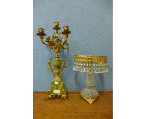 A brass and onyx candelabra and a brass lamp (lacking shade) 