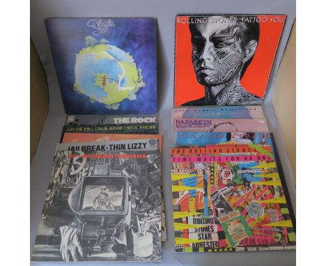 Box of LP records including The Rolling Stones - Undercover etc, Nazareth - Hair of the Dog, John Cougar Mellencamp, Yes - Fr