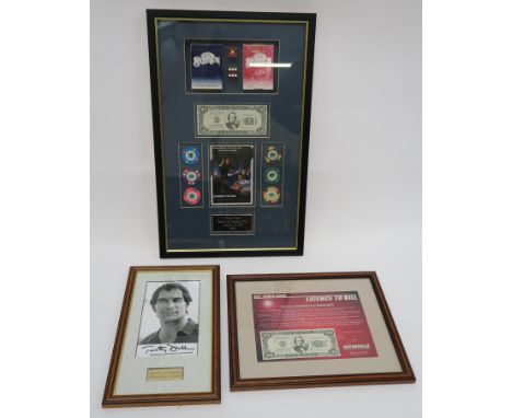 Licence to Kill (1989) framed props from "The Casino De Isthmus City" (six chips) 2 packs playing cards, 2 dice, plus $100 bi