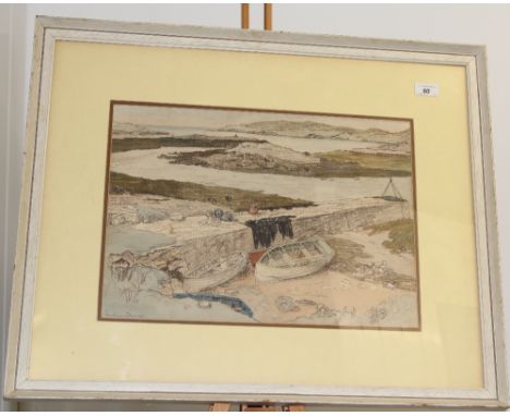 John Cunningham 1937, watercolour coastal landscape sketch of fishing equipment next to an estuary 18.5" x 13"  