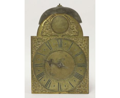 A brass longcase clock movement,early 18th century, the 7in arched brass dial inscribed 'Rob Evens Halsted' with single hand,