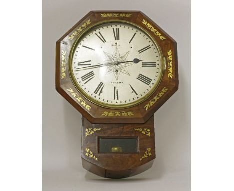 A Victorian mahogany drop dial wall clock,with inlaid brasswork, the 12in silvered drop dial with single fusee movement and r
