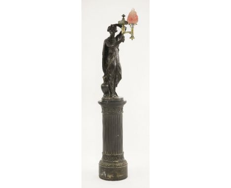 A Regency bronzed plaster figural lamp and column,by Humphrey Hopper, in the form of a river goddess, her right hand holding 