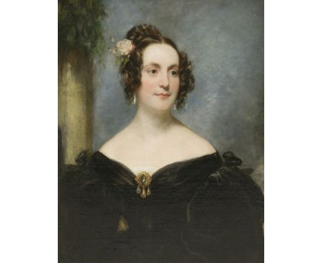 Circle of Sir Thomas Lawrence (1769-1830)PORTRAIT OF ANNE BLOXAM, HALF LENGTH, IN A BLACK DRESS AND A GOLD AND PEARL BROOCHOi