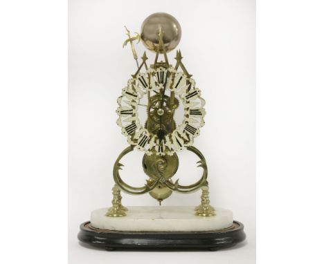 A Victorian brass skeleton clock, with a pierced and painted dial with Roman numerals, mounted on a white marble plinth and a