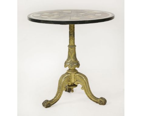 A specimen marble and giltwood tripod table,19th century and later, the base with two-tone carved giltwood details,66cm diame