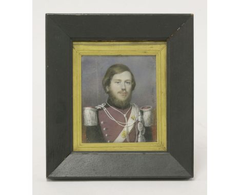 Alphonse Dun(?) (French, mid 19th century)PORTRAIT OF A RUSSIAN UHLAN OFFICER, BUST LENGTHMiniature on ivory8.5 x 7.2cm