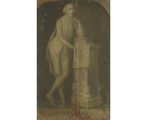S...L...(18th century)PORTRAIT OF WILLIAM SHAKESPEARE, STANDING FULL LENGTH BY A PEDESTAL, POINTING TO A MANUSCRIPT INSCRIBED