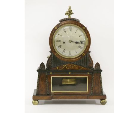 A Regency period mahogany and inlaid brass mantel clock,the convex silvered dial inscribed 'Daniels, Liverpool', with double 