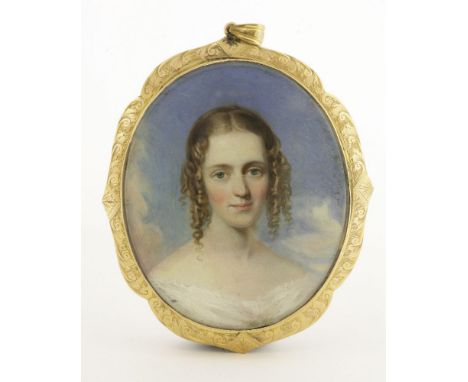 Circle of Alfred Edward Chalon (1780-1860)PORTRAIT OF A YOUNG LADY, BUST LENGTHOil on card, oval6.5 x 5.5cm, in 9ct gold moun