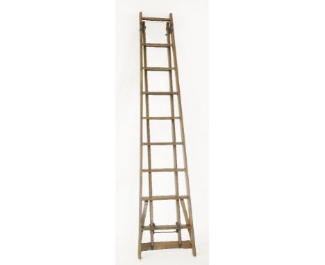 A pitch pine 'The Patent Safety Ladder' library stepladder, 236cm high