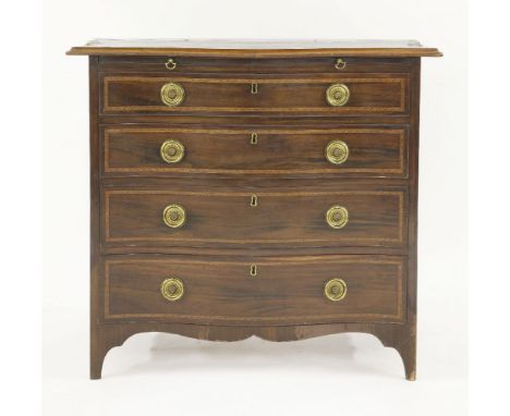 A George III inlaid mahogany chest of drawers,in the manner of Henry Hill, the serpentine-shaped top with an oval inlaid pate