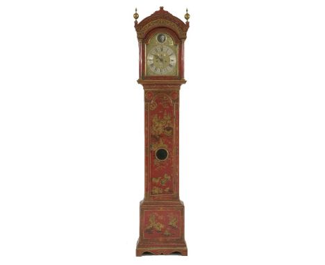 A George III red chinoiserie decorated longcase clock,the arched brass dial with tempus fugit father time automation above a 