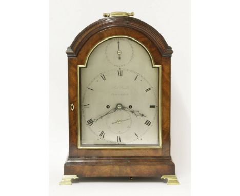 A George III mahogany bracket clock, the silvered dial with strike/silent in arch and a double fusee eight-day movement and p